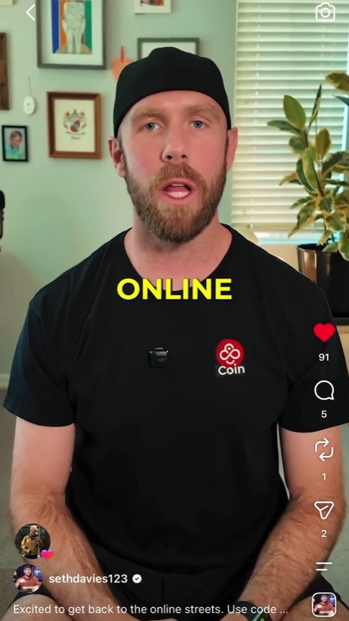 Seth Davies speaking to camera wearing a CoinPoker shirt