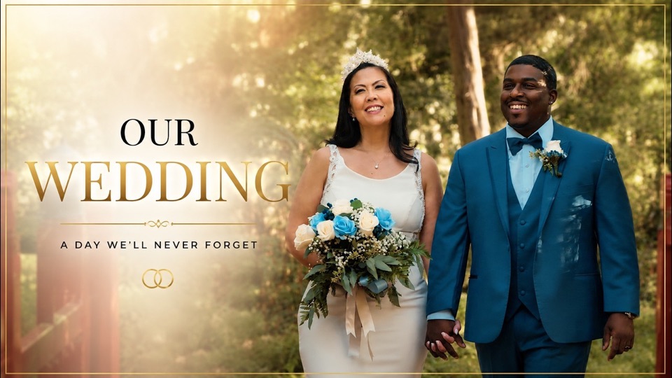 Sharif and Ferlene walking hand in hand, the bride holding a blue and white bouquet