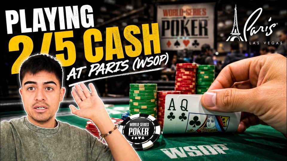 Poker Llama holding ace-queen with the title Playing 2/5 Cash at Paris (WSOP)