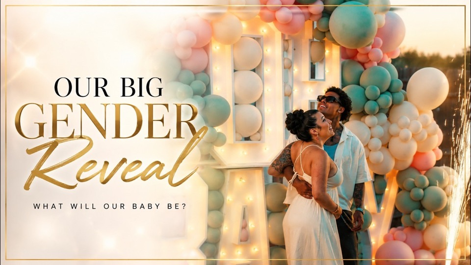 Jessica and June looking up at balloons and sparklers at their gender reveal