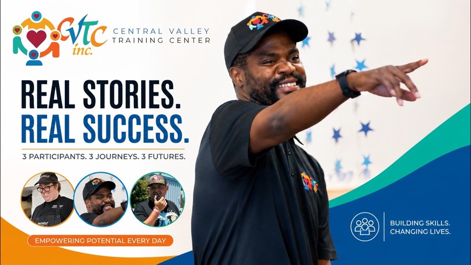 CVTC Participant Success Stories: a smiling participant in a CVTC cap pointing across the room